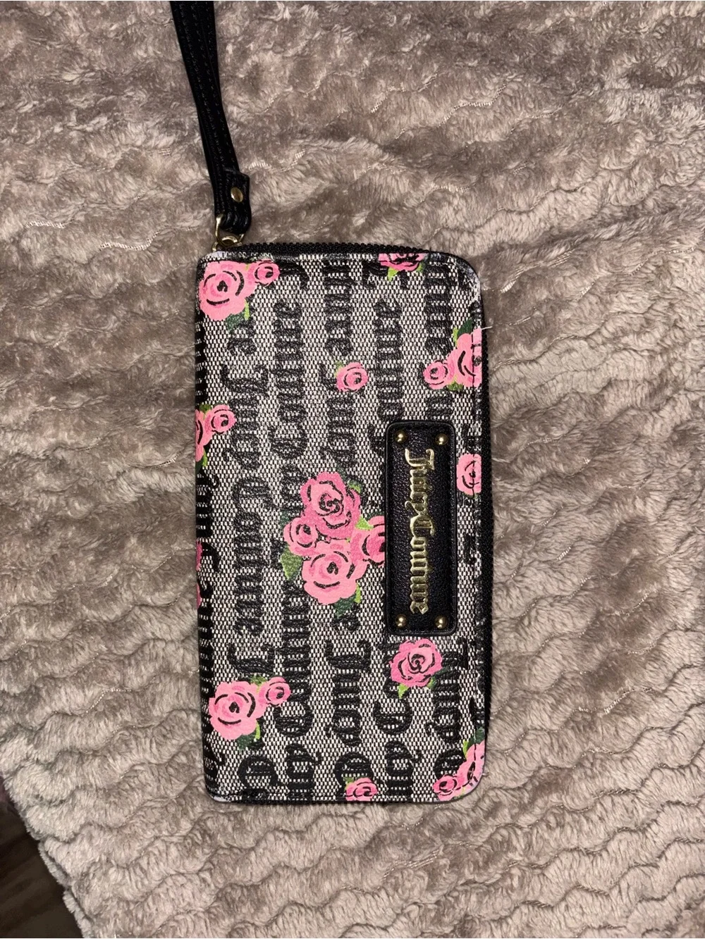 Juicy Couture Black and Pink Floral Logo Satchel with Matching Wristlet